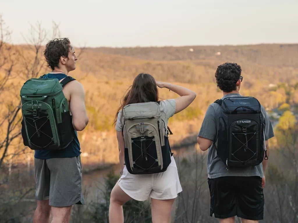 Three hikers wearing backpack coolers stand at a scenic overlook, looking out across a valley.