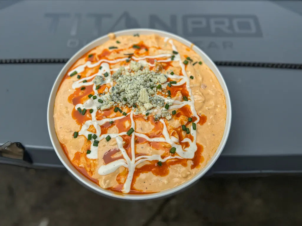 Buffalo Chicken Queso Dip in a bowl