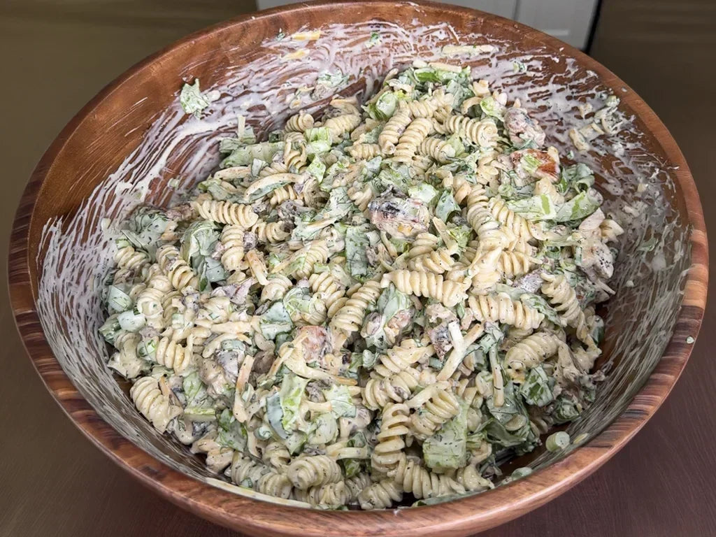 A bowl of chicken bacon ranch pasta salad