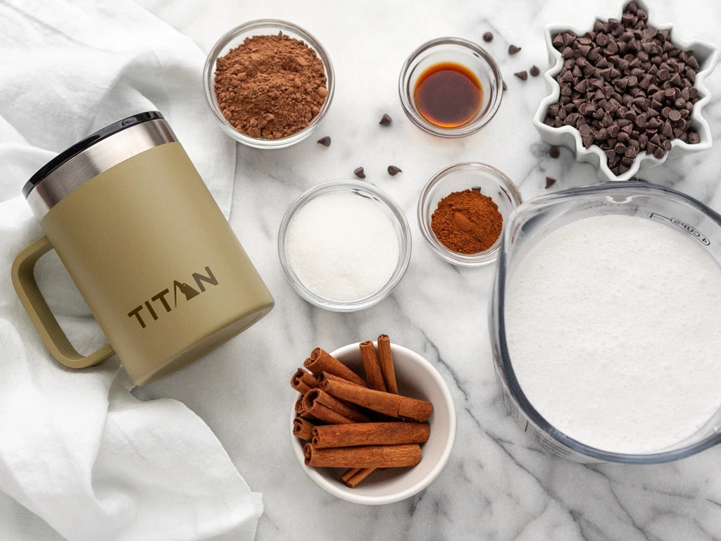 Ingredients to make homemade hot chocolate next to a stainless steel mug