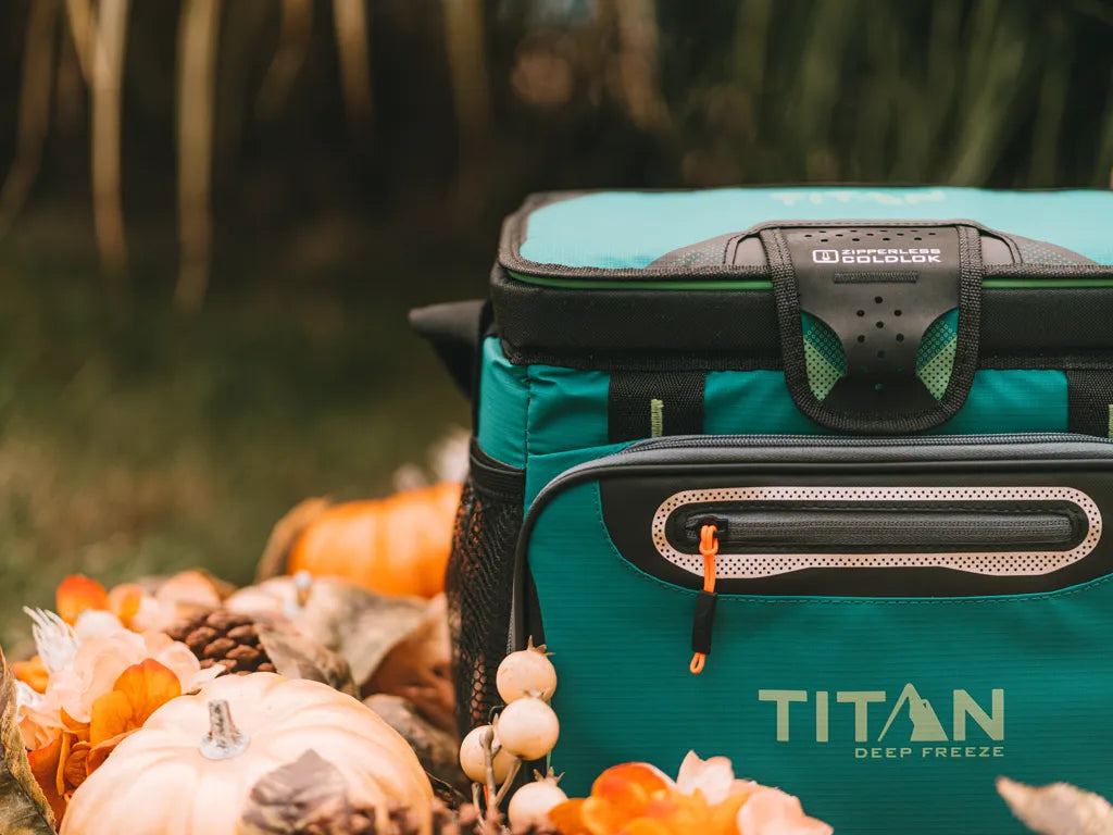 Titan Zipperless Cooler next to pumpkins