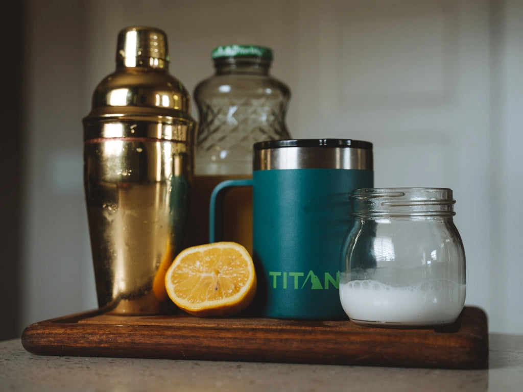 Cocktail shaker next to a Titan Mug and other ingredients.