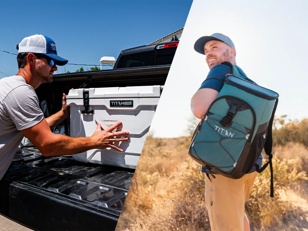 A man with a hard cooler next to a man with a backpack cooler