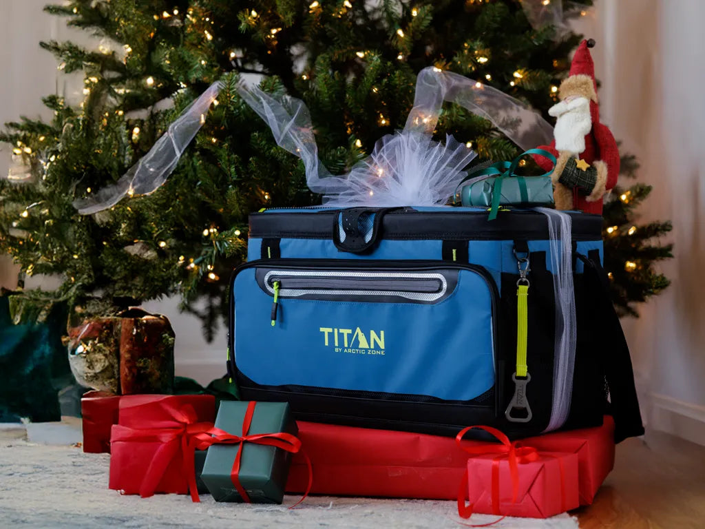 Titan 30 Can Zipperless Cooler under a Christmas tree