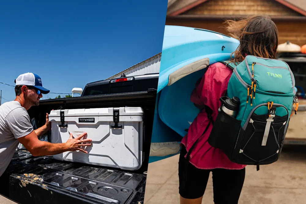 Image of a man loading a Titan PRO Hard Cooler into a pickup truck and a girl carrying a kayak while wearing a Titan Backpack Cooler