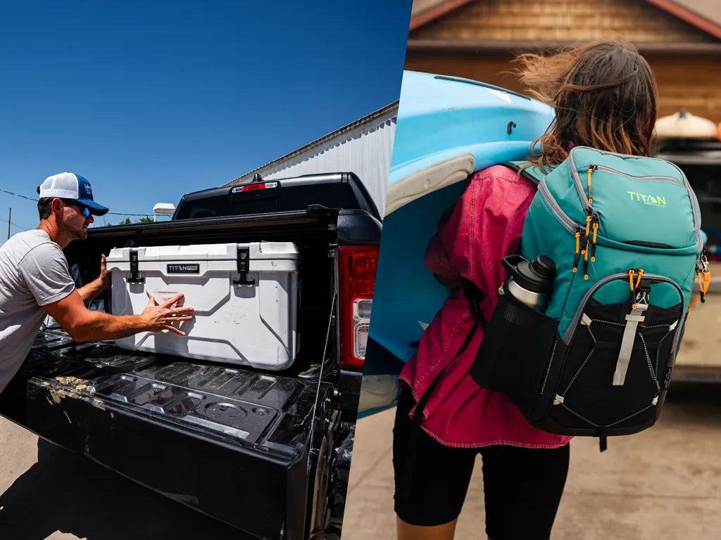 Image of a man loading a Titan PRO Hard Cooler into a pickup truck and a girl carrying a kayak while wearing a Titan Backpack Cooler