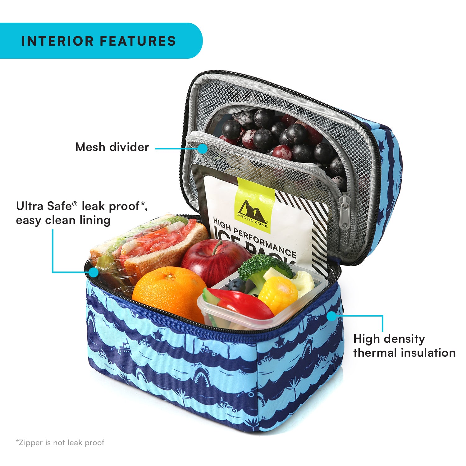 Arctic Zone Kids Lunch Bucket Combo with 210g Ice Pack and Sandwich Container, Deep Shark