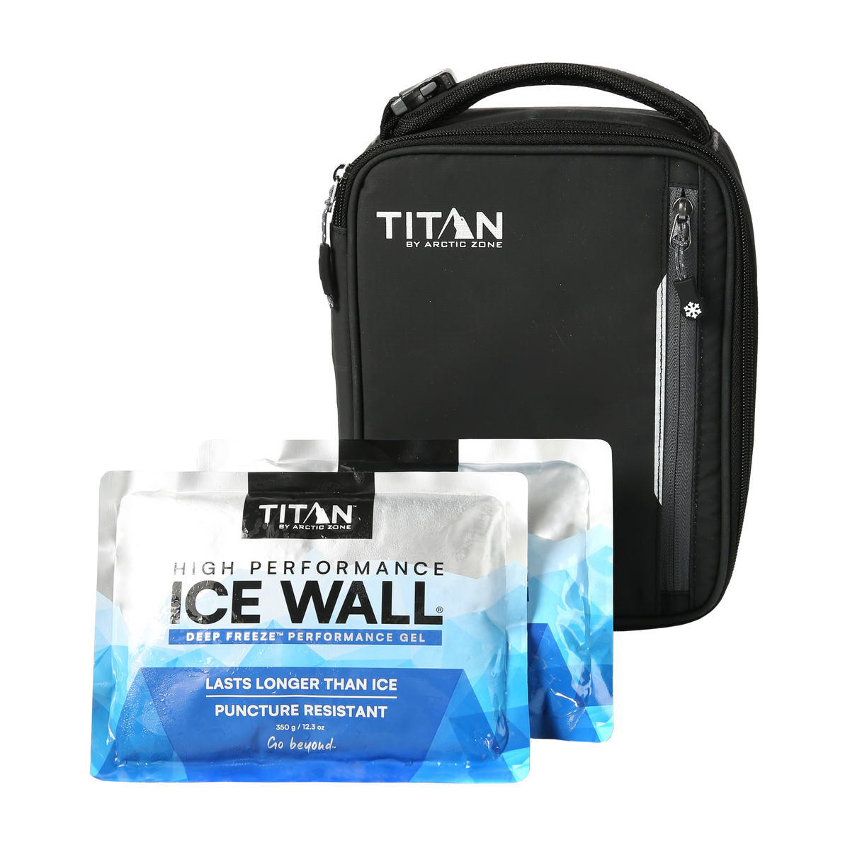 Black Titan insulated bag with two packages of high performance ice wall gel on a white background