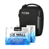 Black Titan insulated bag with two packages of high performance ice wall gel on a white background