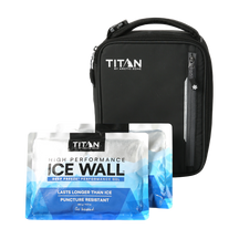 Black Titan insulated bag with two packages of high performance ice wall gel on a white background