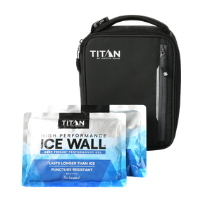 Black Titan insulated bag with two packages of high performance ice wall gel on a white background